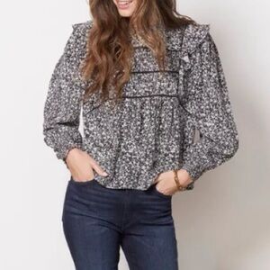 Rails Kadi Ditsy Floral Ruffle Long Sleeve Blouse Onyx Meadow Size XS